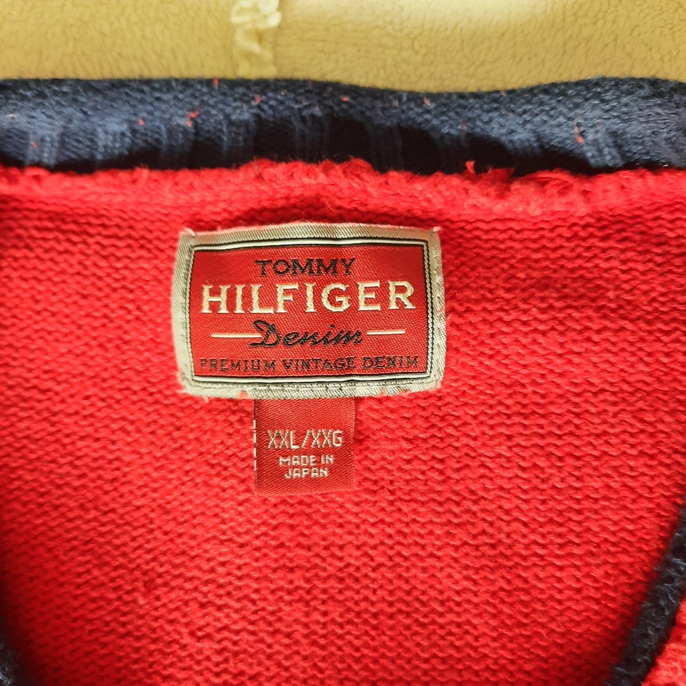 Tommy Hilfiger Chunky Red Sweater Flag Logo Mens Size Large Retro 90s - Picture 4 of 14